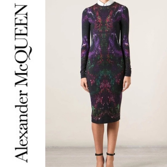 Alexander McQueen Black Purple Green Feather Print Pencil Dress - Picture 15 of 15